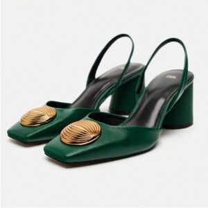 Zara Green Leather Gold Embellished Slingbacks Size EU 37 US 6.5